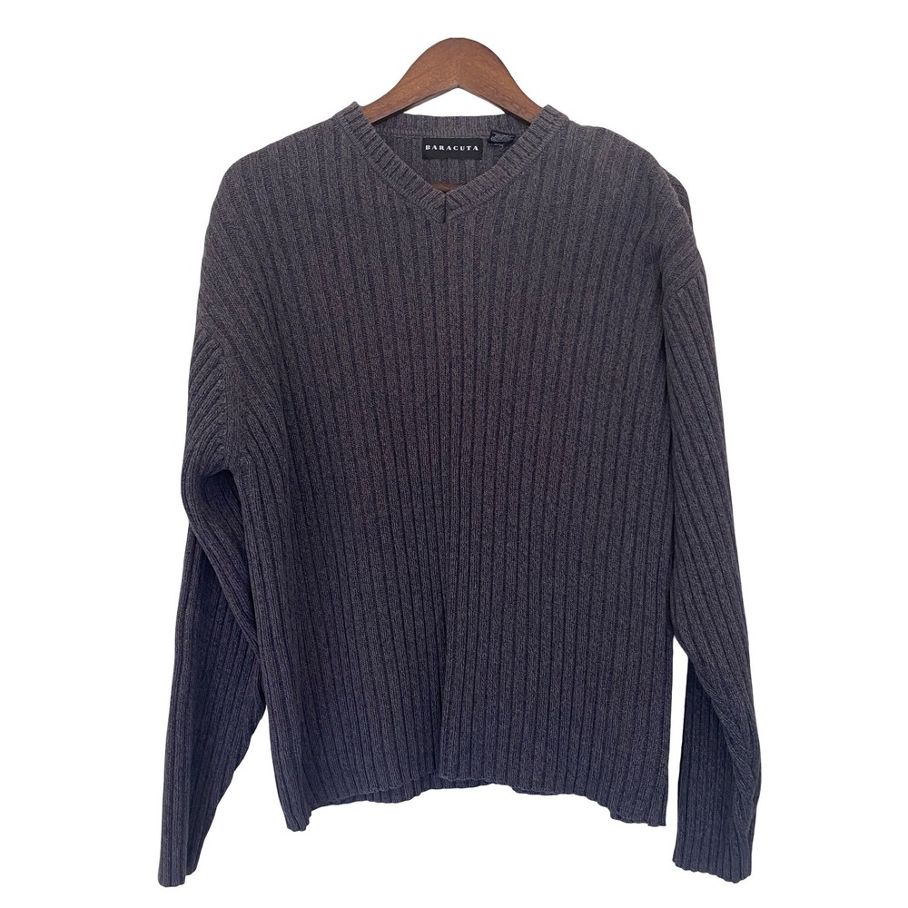 Baracuta V-Neck Mens Sweater Size L Charcoal Grey Ribbed Cotton Knit Pullover